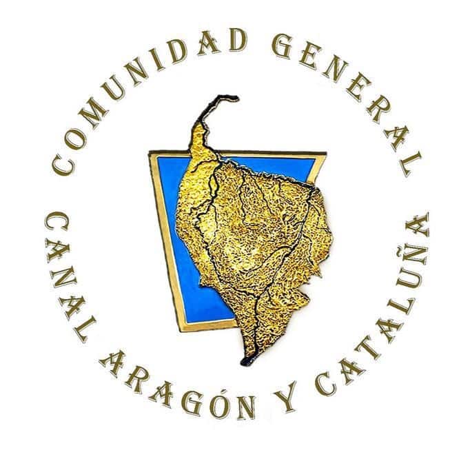 Logo de la Comunidad de Regantes Binéfar, en Aragón, con mapa y texto.