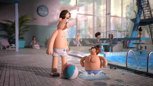 Escena de personajes de plastilina en una piscina, disfrutando de actividades en el Festival Imagina.