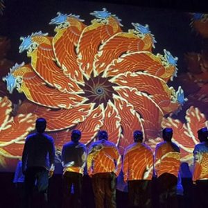 Espectáculo visual en Festival Imaginaria con luces y arte en vivo.