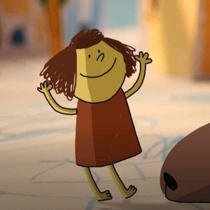 Dibujo de una niña sonriente con cabello castaño y vestido marrón en un entorno colorido y alegre.