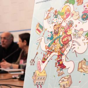 Cartel de inauguración del Festival Imaginaria con personajes y dibujos coloridos.